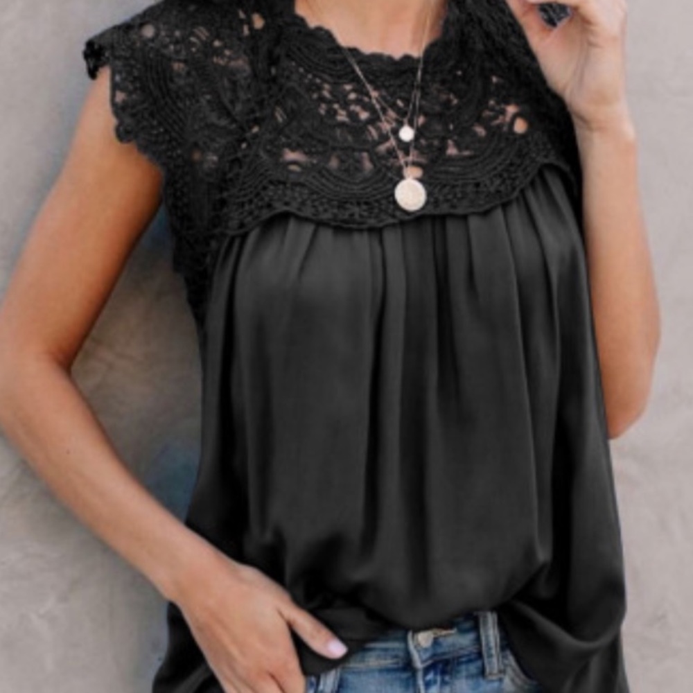 New Black Crochet Lace Trim Blouse